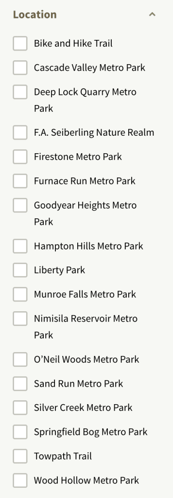 Filter Bar on the Summit Metro Parks event calendar page, specifically listing off all of the location options for events.